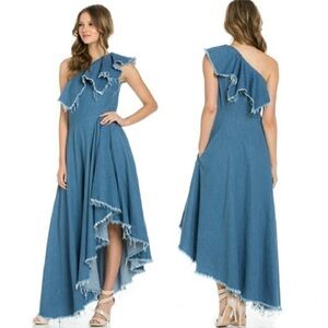 TOV HOLY DENIM ONE SHOULDER RAW HEM RUFFLE HIGH LOW MIDI DRESS